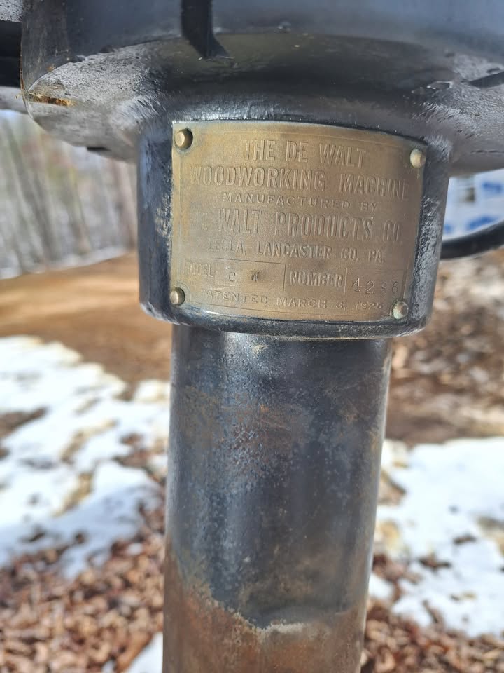 The De Walt Woodworking Machine nameplate, manufactured by De Walt Products Co, Leola, Lancaster Co, PA, patented March 3, 1925